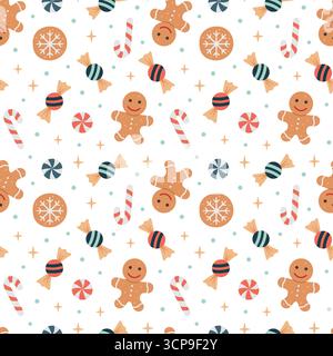 Gâteries de Noël, bonbons, bonbons, biscuits sans couture motif. Texture de décoration d'hiver mignonne de Noël. Vecteur. Design plat, style cartoon. Illustration de Vecteur