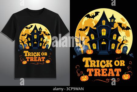 Illustration vectorielle Haunted House Halloween avec texte Trick or Treat, citrouilles, chauves-souris, pleine lune et Spooky Graveyard Design Illustration de Vecteur