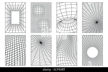Motifs de grille avec esthétique techno - conceptions d'affiches rétro avec perspectives de tunnel de l'an 2000 et mailles déformées. Les vortex spiralés se mélangent avec des lignes courbes pour des visuels de musique électronique ou numérique Illustration de Vecteur
