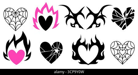 Y2K design gothique coeur avec des flammes tribales, des motifs de verre brisé et des détails de toile d'araignée pour une esthétique avant-gardiste. Eléments roses, silhouettes noires sur blanc. Symboles punk EMO pour tatouages ou autocollants. Illustration de Vecteur