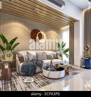 Intérieur de salon moderne de luxe avec plafond en lamelles de bois, élégant décor doré et table basse en marbre Banque D'Images