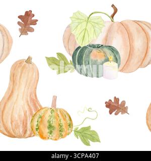 Citrouilles, courge butternut, courges vertes, bougies, feuilles de chêne, vignes. Motif aquarelle sans couture isolé sur blanc parfait pour Thanksgiving, saisonnier Banque D'Images