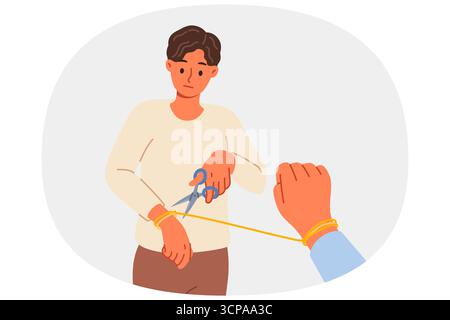 L'homme rompt avec la femme et coupe la corde à la main, en raison du manque d'amour après la trahison Illustration de Vecteur