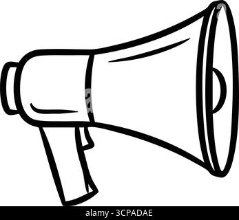 Graphique de communication haut-parleur. Un cornet de taureau blanc saisissant sur fond noir. Symbolise les discours publics, les annonces percutantes ou urgentes Illustration de Vecteur