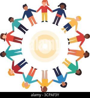 Cercle d'unité communautaire diversifié. Illustration de diverses personnes se joignant les mains dans une formation circulaire, symbolisant la solidarité mondiale, l'inclusion, a Illustration de Vecteur