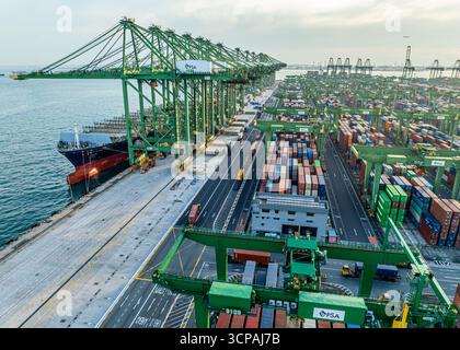 Singapour, Singapour - 06 décembre 2024 : vue aérienne du terminal de Pasir Panjang, où de colossales grues vertes se dressent au-dessus d'une symphonie de conteneurs maritimes colorés, un ballet du commerce mondial. Banque D'Images