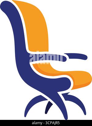 Icône de chaise orange bleu moderne. L'image montre un siège élégant et contemporain, avec un cadre bleu marine distinct et un amorti ambré vibrant. I Illustration de Vecteur
