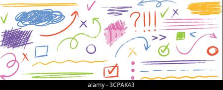 Collection de lignes colorées avec crayon ou marque de flèche à la craie et soulignement pour les annotations Illustration de Vecteur