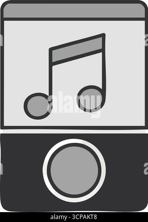 Icône de l'interface du lecteur de musique en niveaux de gris. Illustration de gadget audio minimaliste avec un symbole mélodique sur son écran et un bouton circulaire. Incarner Illustration de Vecteur