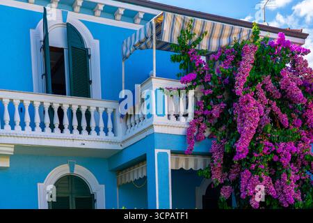 Villa méditerranéenne bleue avec balcon, volets et fleurs de bougainvilléea roses Banque D'Images