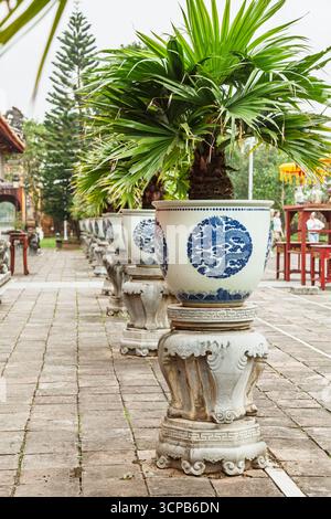 Hue, Vietnam – 11 janvier 2014 : pots ornementaux en céramique avec des motifs de dragon bleu tenant des palmiers alignés sur des piédestaux de pierre dans la cour du temple Banque D'Images