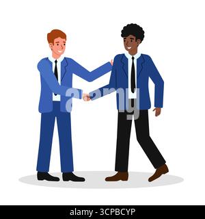 Deux jeunes hommes en costume se serrent la main avec des sourires, signalant une réunion d'affaires positive. Le cadre apparaît professionnel et accueillant, encouragi Illustration de Vecteur