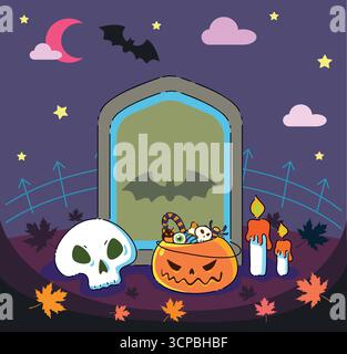 Une scène d'Halloween effrayante avec une citrouille, un crâne et des bougies brillantes pour l'atmosphère Illustration de Vecteur