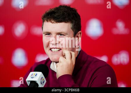 Robert MacIntyre de Team Europe lors d’une conférence de presse au Bethpage Black course, Farmingdale, New York, en prévision de la 45e Ryder Cup qui débutera demain. Date de la photo : jeudi 25 septembre 2025. Banque D'Images