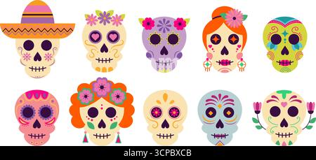 Ensemble de crânes mexicains vectoriels isolés avec des motifs lumineux, des décorations et des fleurs pour le jour des morts. Illustration de Vecteur