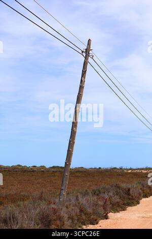 Réseau électrique en Espagne. Poteau électrique en bois incliné dangereux. Banque D'Images
