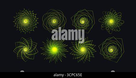 Roues en spirale créatives abstraites, entonnoirs fractaux hypnotiques, ensemble de forme d'éventail linéaire pour l'art numérique, festival de musique, objet publicitaire accrocheur, SCI Illustration de Vecteur