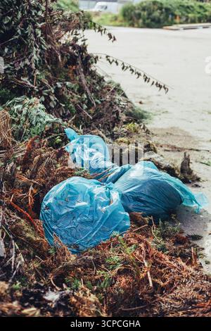 ECO Recycling Scene : sacs en plastique avec des feuilles, de l'herbe et des branches pour le compost Banque D'Images