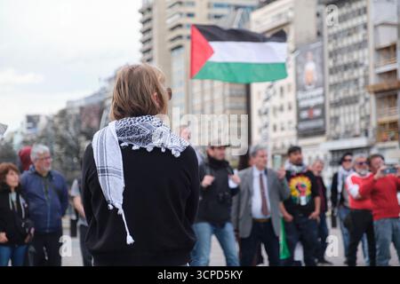 Buenos Aires, Argentine ; 23 septembre 2025 : protestation contre le génocide commis par Israël contre la Palestine et la complicité internationale avec le sionisme Banque D'Images