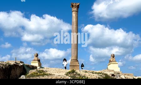 Alexandrie, Égypte - 13 février 2025 : colonne de Pompée, colonne triomphale romaine, avec des statues de sphinx sur le site archéologique de Serapeum. Banque D'Images