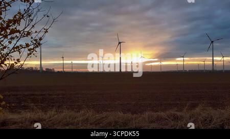Éoliennes dans le Magdebourg Börde, Allemagne, silhouettées sur le ciel du coucher du soleil Banque D'Images