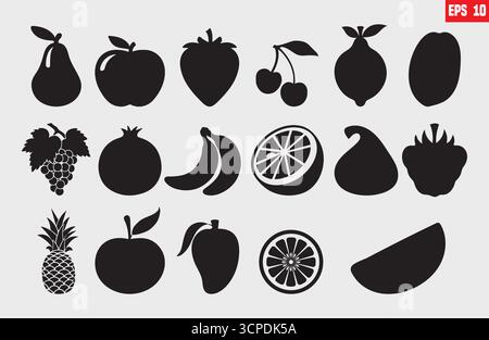 Ensemble d'icônes de fruits noir et blanc Illustration de Vecteur