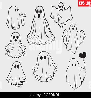 Jeu fantôme. Icônes fantômes drôles. Personnages fantômes mignons. Éléments de conception pour logo, badges, bannières, étiquettes, affiches. Illustration vectorielle Illustration de Vecteur