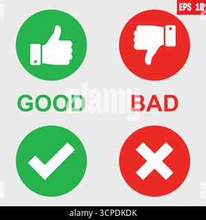 Symbole Like et Dislike défini dans un cercle vert et rouge. Icône plate pouces vers le haut et vers le bas définie en couleur blanche. Évaluation et commentaires Thumbs up et Thumbs down Illustration de Vecteur