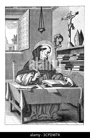 Illustration du bienheureux albert le Grand compose au pied du Crucifix du XVIe siècle gravure d'après une édition de 1902 du Crucifix sans l'His Banque D'Images