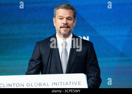 New York, États-Unis. 25 septembre 2025. Matt Damon, acteur et co-fondateur, Water.org & WaterEquity, s'exprimant à la conférence Clinton Global Initiative à New York, New York (photo de Michael Brochstein/Sipa USA) crédit : Sipa USA/Alamy Live News Banque D'Images