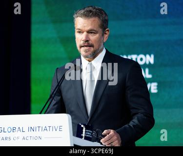 New York, États-Unis. 25 septembre 2025. Matt Damon, acteur et co-fondateur, Water.org & WaterEquity, s'exprimant à la conférence Clinton Global Initiative à New York, New York (photo de Michael Brochstein/Sipa USA) crédit : Sipa USA/Alamy Live News Banque D'Images