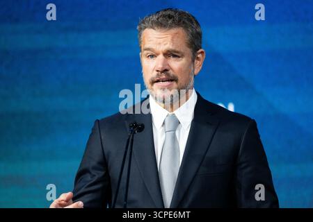 New York, États-Unis. 25 septembre 2025. Matt Damon, acteur et co-fondateur, Water.org & WaterEquity, s'exprimant à la conférence Clinton Global Initiative à New York, New York (photo de Michael Brochstein/Sipa USA) crédit : Sipa USA/Alamy Live News Banque D'Images