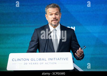 New York, États-Unis. 25 septembre 2025. Matt Damon, acteur et co-fondateur, Water.org & WaterEquity, s'exprimant à la conférence Clinton Global Initiative à New York, New York (photo de Michael Brochstein/Sipa USA) crédit : Sipa USA/Alamy Live News Banque D'Images
