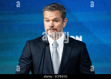 New York, États-Unis. 25 septembre 2025. Matt Damon, acteur et co-fondateur, Water.org & WaterEquity, s'exprimant à la conférence Clinton Global Initiative à New York, New York (photo de Michael Brochstein/Sipa USA) crédit : Sipa USA/Alamy Live News Banque D'Images