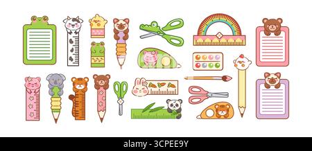 Un ensemble de papeterie kawaii avec des motifs animaux adorables, stylo correcteur, règle, ciseaux, stylo, crayon, rapporteur, gomme, pinceau et peinture Illustration de Vecteur