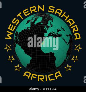 Sahara Occidental sur Globe. Arrondissez le texte du nom du pays et du continent. Vue du pays sur la carte du monde dans la palette de couleurs Black Emerald. Sahara Occidental forme sur la carte. Illustration de Vecteur
