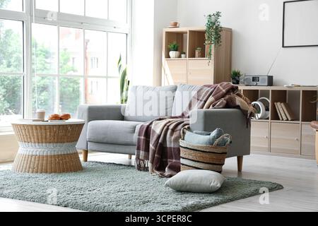 Intérieur moderne du salon avec canapé gris, table basse, couverture et panier en osier Banque D'Images