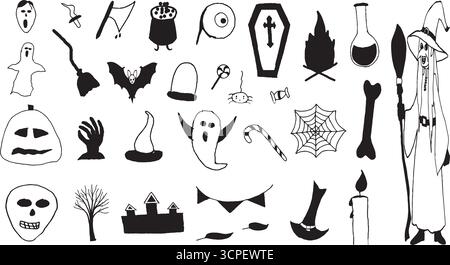 Ensemble d'icônes vectorielles Halloween Essentials fait à la main pour les designs créatifs Illustration de Vecteur