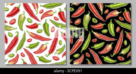 Vector Chili Pepper Seamless pattern, deux arrière-plans avec illustration du Chili entier volant et transversal pour nappe, affiche carrée avec chaud Illustration de Vecteur