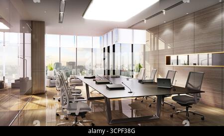 Salle CEO : design intérieur moderne de salle de conférence exécutive avec grande table de réunion, vue sur la ville de grande hauteur et murs en panneaux de bois Banque D'Images