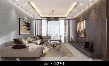 Design intérieur de salon moderne de luxe avec vue sur la ville, mobilier contemporain et éclairage encastré Banque D'Images