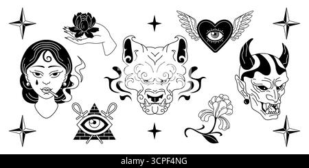 Collection de tatouage Old School avec masque de démon, portrait de femme, coeur ailé et oeil pyramidal sur fond blanc. Art de ligne noire de fleur, étoiles et tête de démon pour les conceptions traditionnelles de feuille flash. Illustration de Vecteur