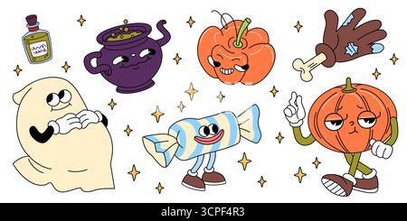 Groovy éléments de fête d'Halloween avec chaudron fantôme et sorcière, citrouilles souriantes et personnage de bonbons enveloppé avec des étoiles dorées. Bouteille de poison, main avec os et décorations saisonnières rétro effrayantes. Illustration de Vecteur