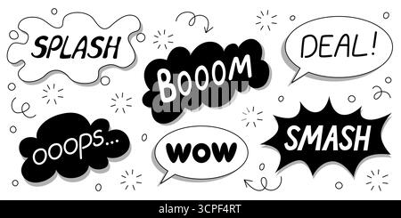 Explosions comiques noires avec boom et pow, éclaboussure, smash et wow dans des bulles de discours. Typographie audacieuse avec des étincelles, des lignes de mouvement et des flèches pour l'action de super-héros vintage ou des panneaux de roman graphique. Illustration de Vecteur