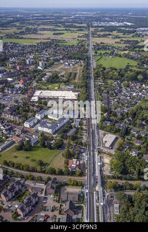 Vue aérienne, gare principale de Voerde, chantier pont Steinstrasse, chantier métro piétonnier chantier et pont Bahnhofstrasse, prolongement du t Banque D'Images