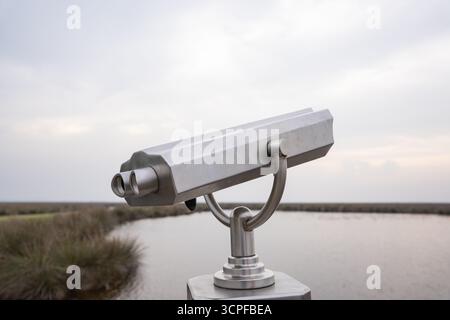 Jumelle métallique surplombant un marais avec de l'eau et un chemin sous ciel couvert. Gros plan de la visionneuse jumelle en argent à pièces de monnaie extérieure pour les touristes Banque D'Images