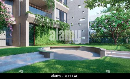 Cour contemporaine avec mur Living Green, coin salon en béton et jardin luxuriant Banque D'Images
