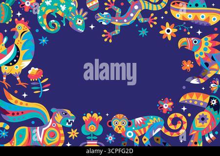 Composition artisanale d'art folklorique mexicain avec fond d'animaux Illustration de Vecteur
