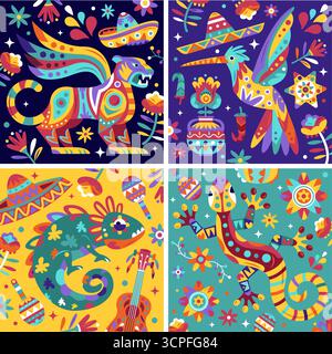 Compositions décoratives d'artisanat mexicain mettant en vedette des animaux et des symboles Illustration de Vecteur
