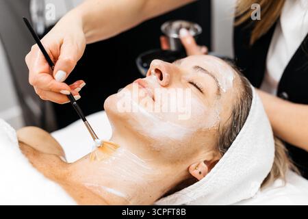 La cliente profite du traitement de rajeunissement facial de levage RF dans un environnement de spa tranquille, comme une esthéticienne applique un masque de crème apaisant pour la peau en Banque D'Images